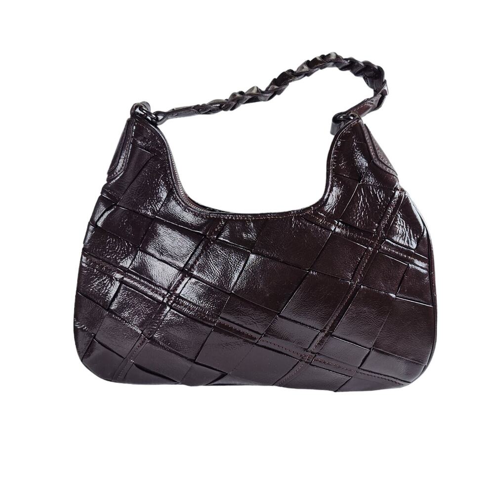 Elliott Lucca Brown Patent Leather Woven Hobo Shoulder Bag Y2K Pig Leather
